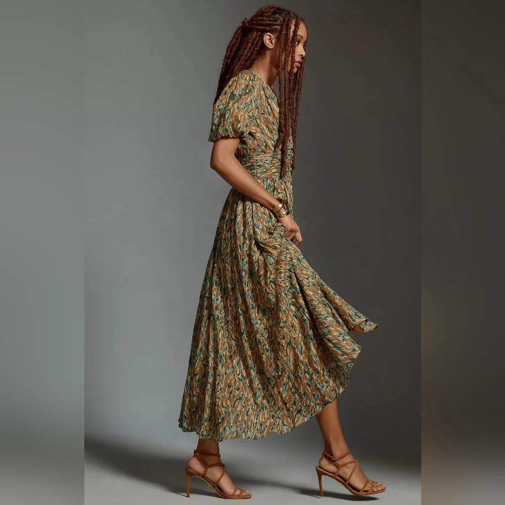 NWT By Anthropologie The Katerina Lurex Button Front Neutral Midi Dress Size 2 - Picture 3 of 16